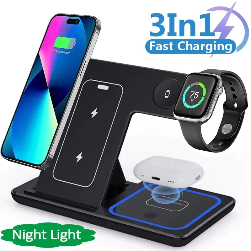 3 In 1 LED Fast Wireless Charger Stand With Foldable Charging Station